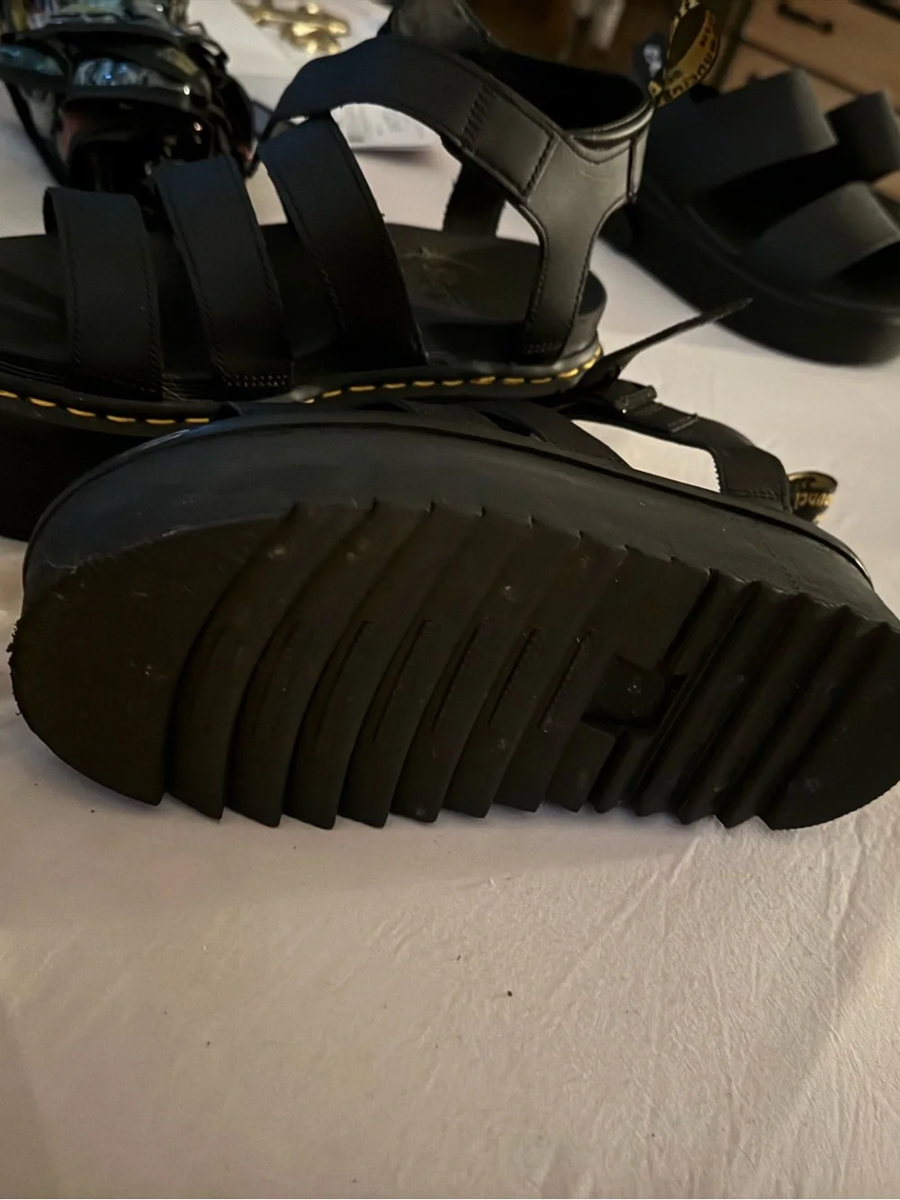 Dr. Martens Black Platform Sandals with Yellow Stitching